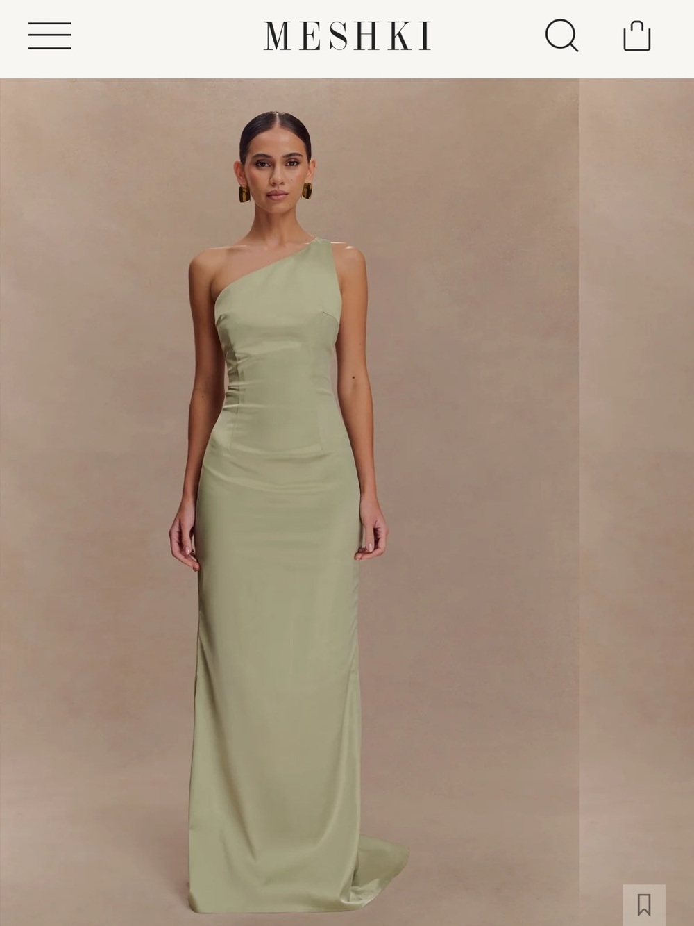 Meshki One-Shoulder Sage Green Column Gown. Hemmed to touch floor, I am 5’3”